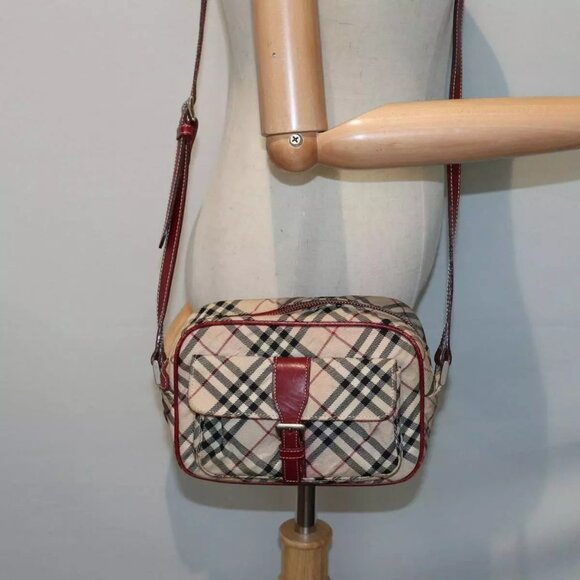 BURBERRY Nova Check Blue Label Shoulder Bag Nylon Beige Red Silver - Picture 1 of 16